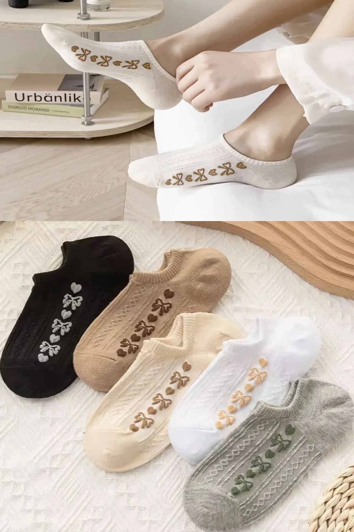 5 ÇİFT KADIN KABARTMALI ÇİÇEK GÖRÜNMEZ ÇORAP BEDEN 36-41
